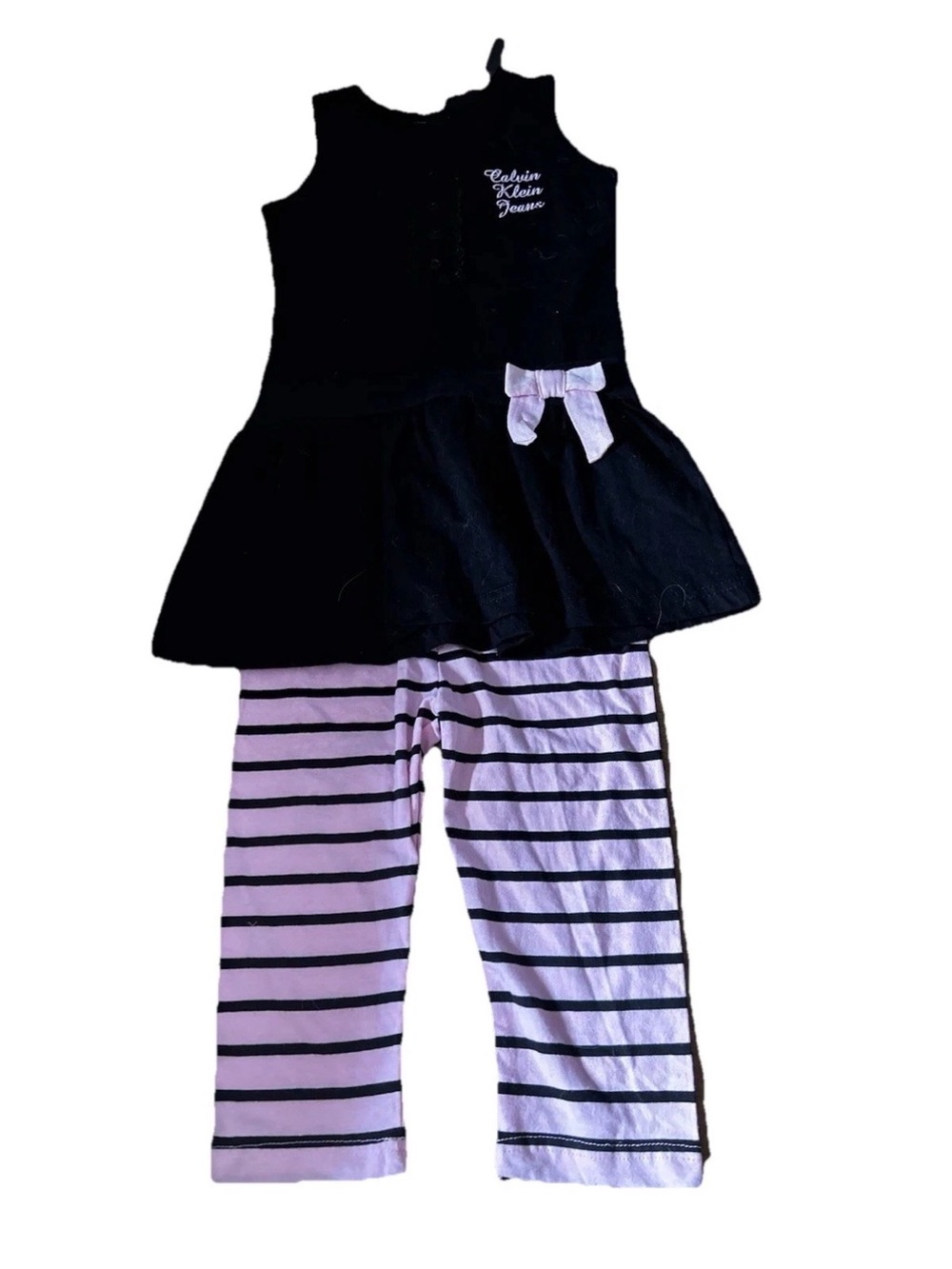NEW!! Calvin Klein Black and Pink Shirt and Stripped Legging Pants for girls 4T